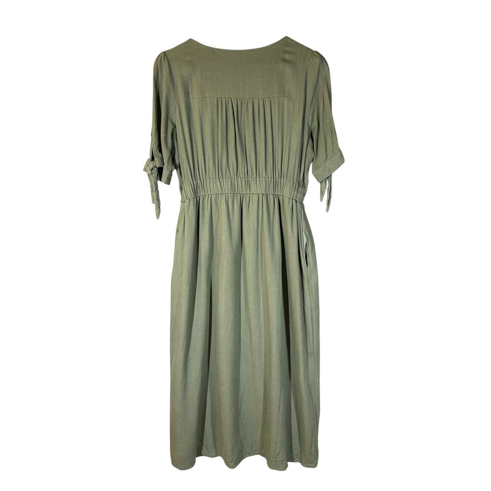 &Merci Sage Green Linen Midi Button Front Peasant Dress Large Fit Flare Casual - Picture 7 of 14